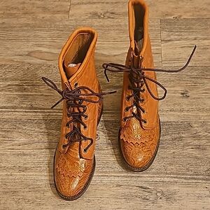 Larry Mahan Embossed Cognac Lace-Up Ankle Boots